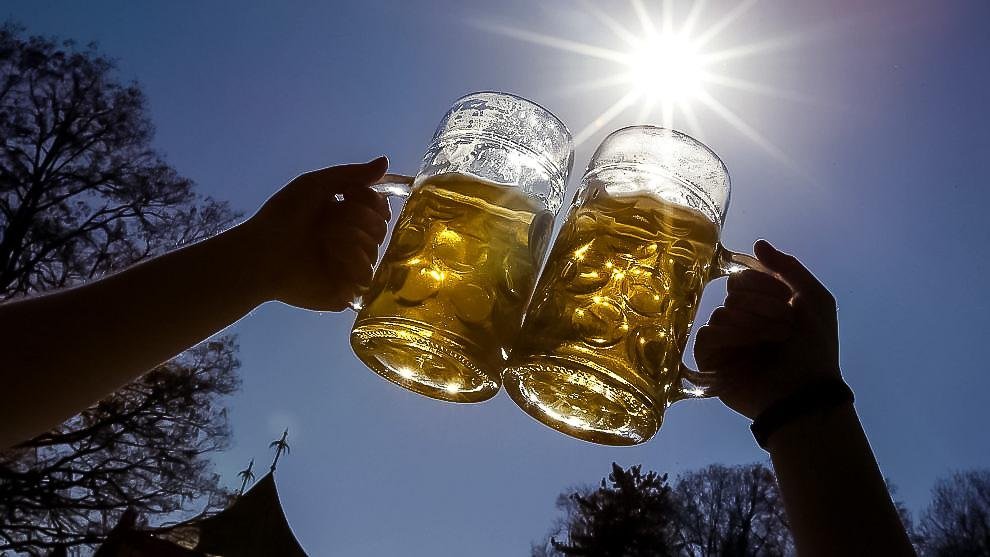 People_pose_for_a_photograph_as_they_toast_with_beer_on_a_sunny_