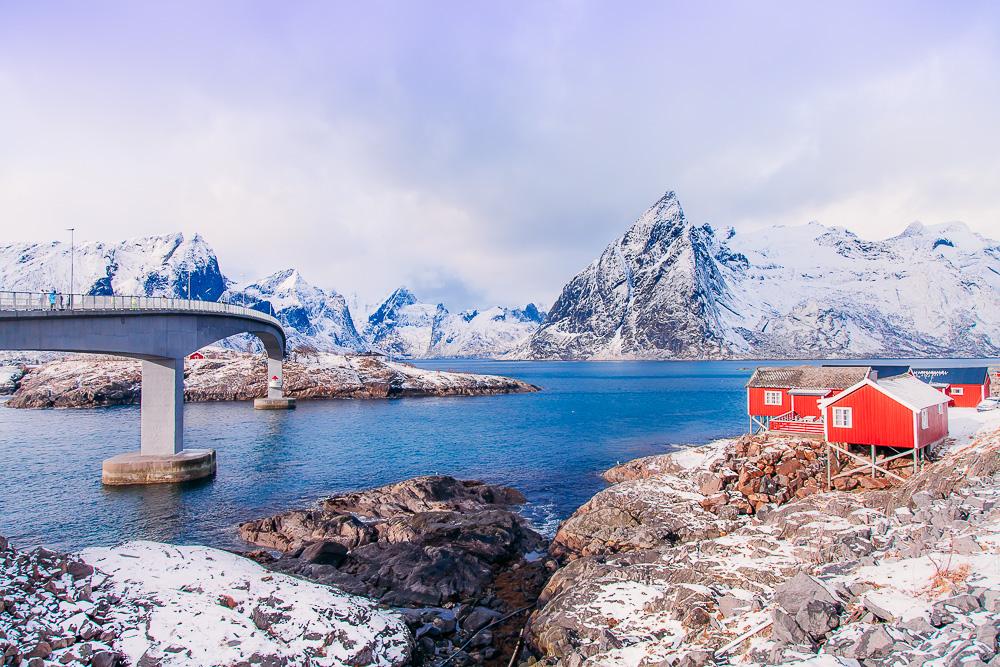 hamnøy reine, lofoten norway winter march snow bridge