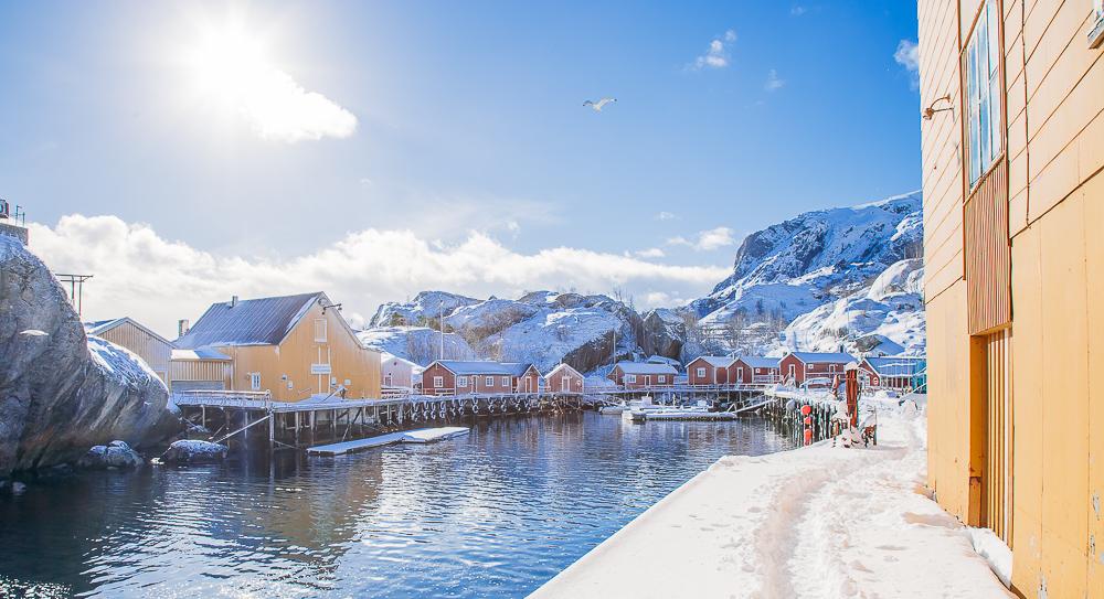 nusfjord norway lofoten in winter, march snow