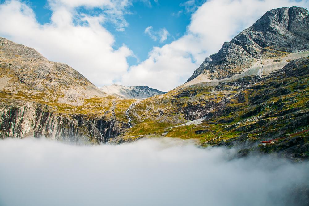 Norwegian road trip Trollstigen mountains foggy day