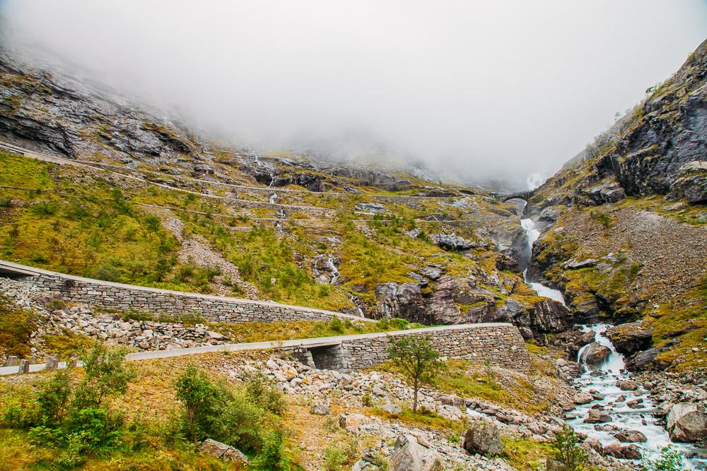 Norwegian road trip Trollstigen mountains foggy day