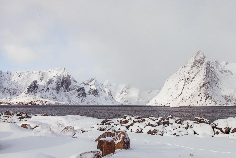 hamnøy rorbuer lofoten norway in march with snow