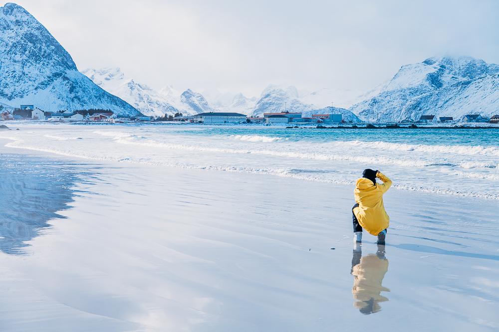 Ramberg beach rambergstranda lofoten norway winter snow ice march