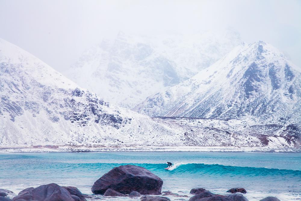 unstad artic surf beach winter march lofoten norway