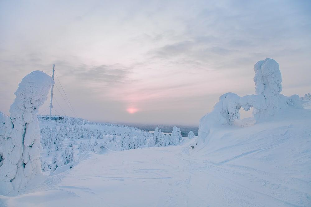 ruka ski resort view snowy trees