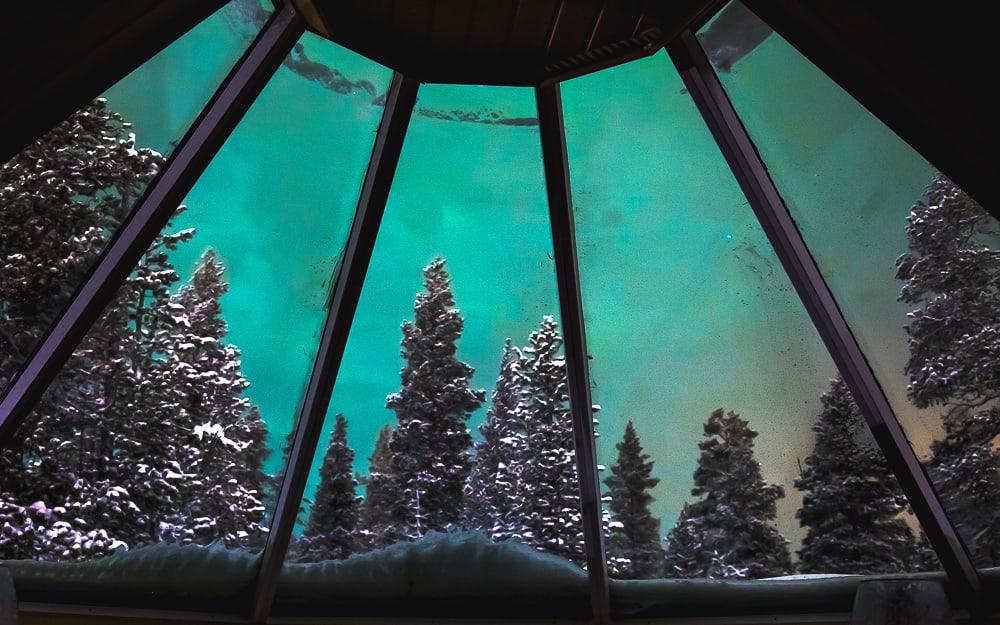 seeing northern lights from glass igloo cabin finland