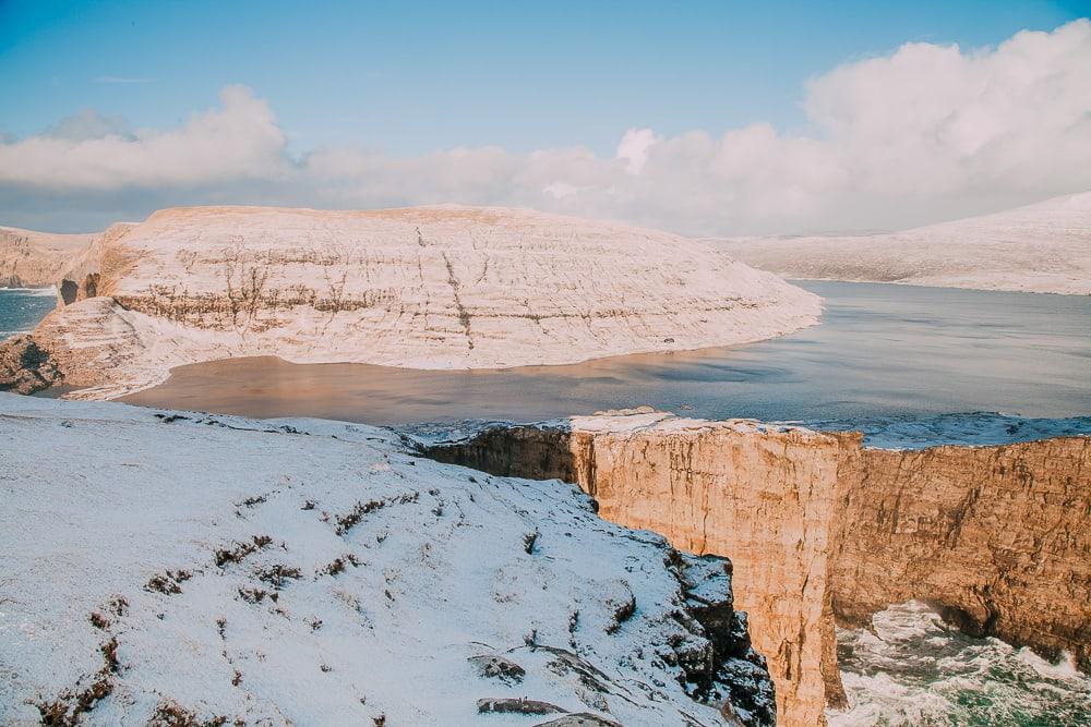 sorvagsvatn optical illusion faroe islands winter snow