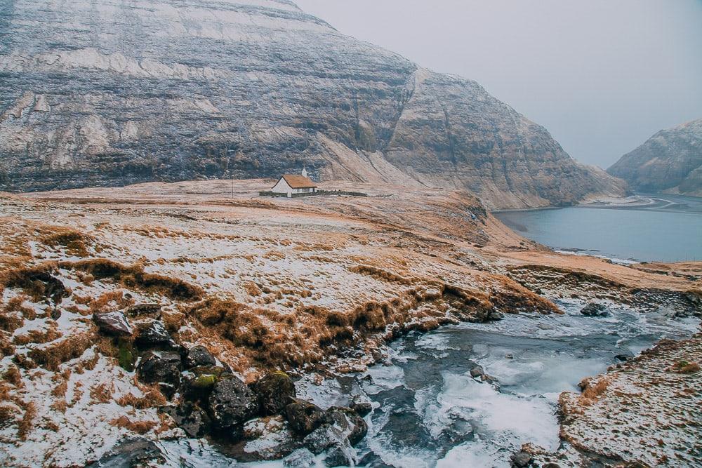 Saksun faroe islands in snow winter february