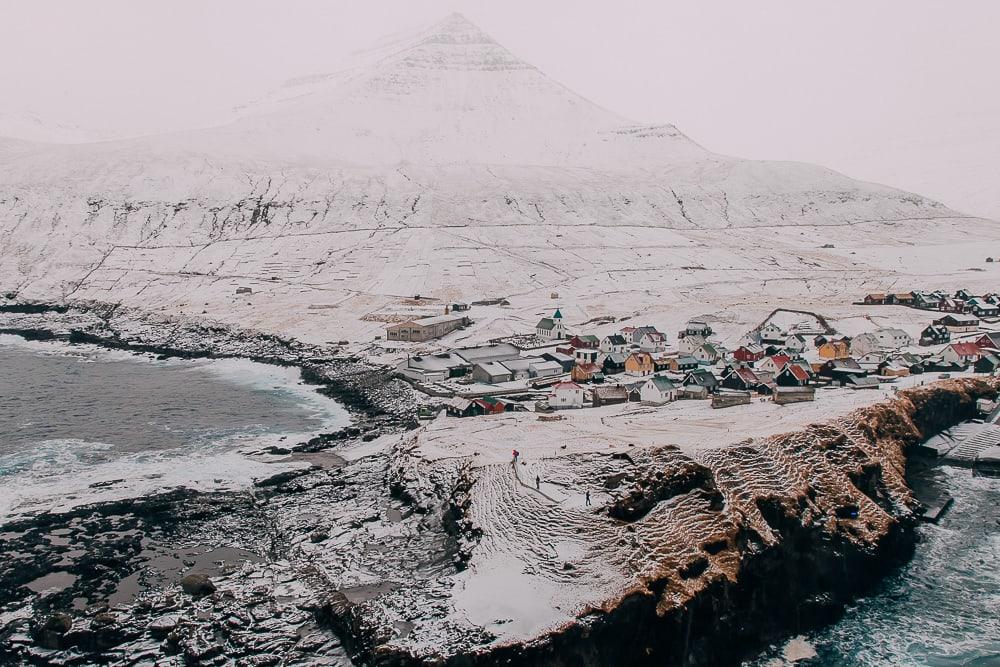 gjogv faroe islands in snow winter february