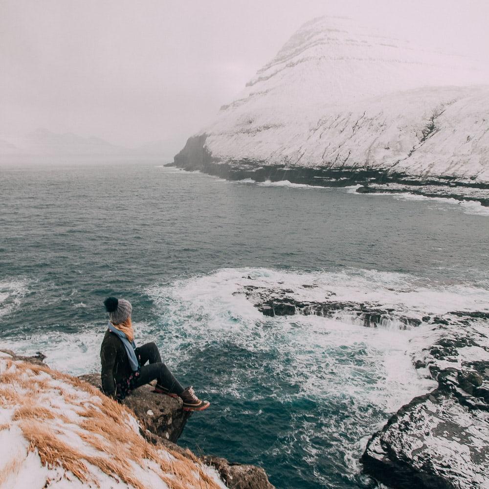 gjogv faroe islands in snow winter february