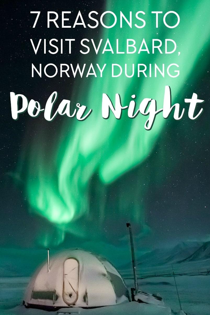 Travel to Svalbard, Norway during polar night in winter, including northern lights, husky sledding, and hiking to an ice cave