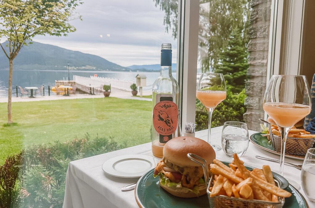 Hamburger and apple cider at Rosendal Fjordhotel restaurant in Hardangerfjord, Norway