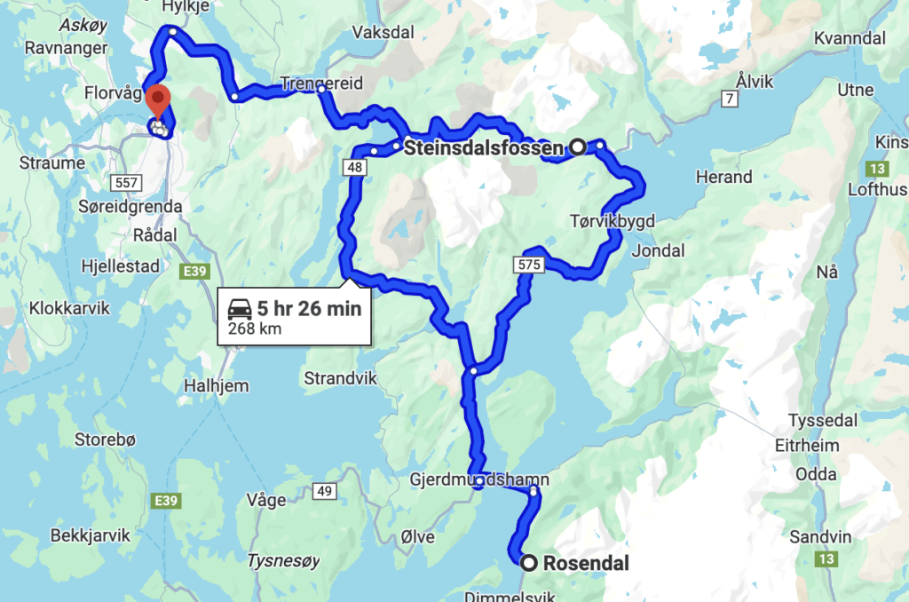 bergen to Hardangerfjord roat trip map