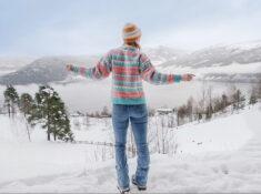 heart my backpack in a hand knit sweater in Stryn, Norway
