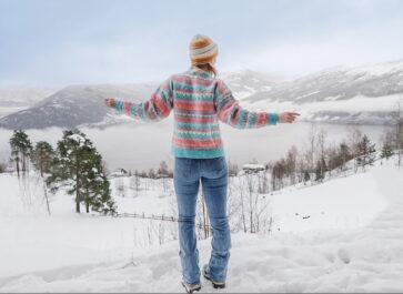 heart my backpack in a hand knit sweater in Stryn, Norway