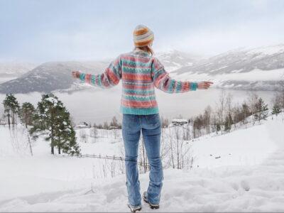 heart my backpack in a hand knit sweater in Stryn, Norway