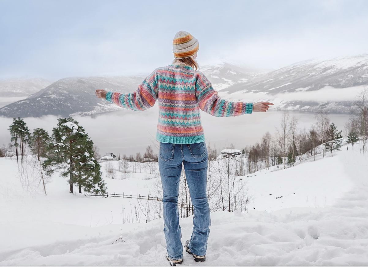 heart my backpack in a hand knit sweater in Stryn, Norway