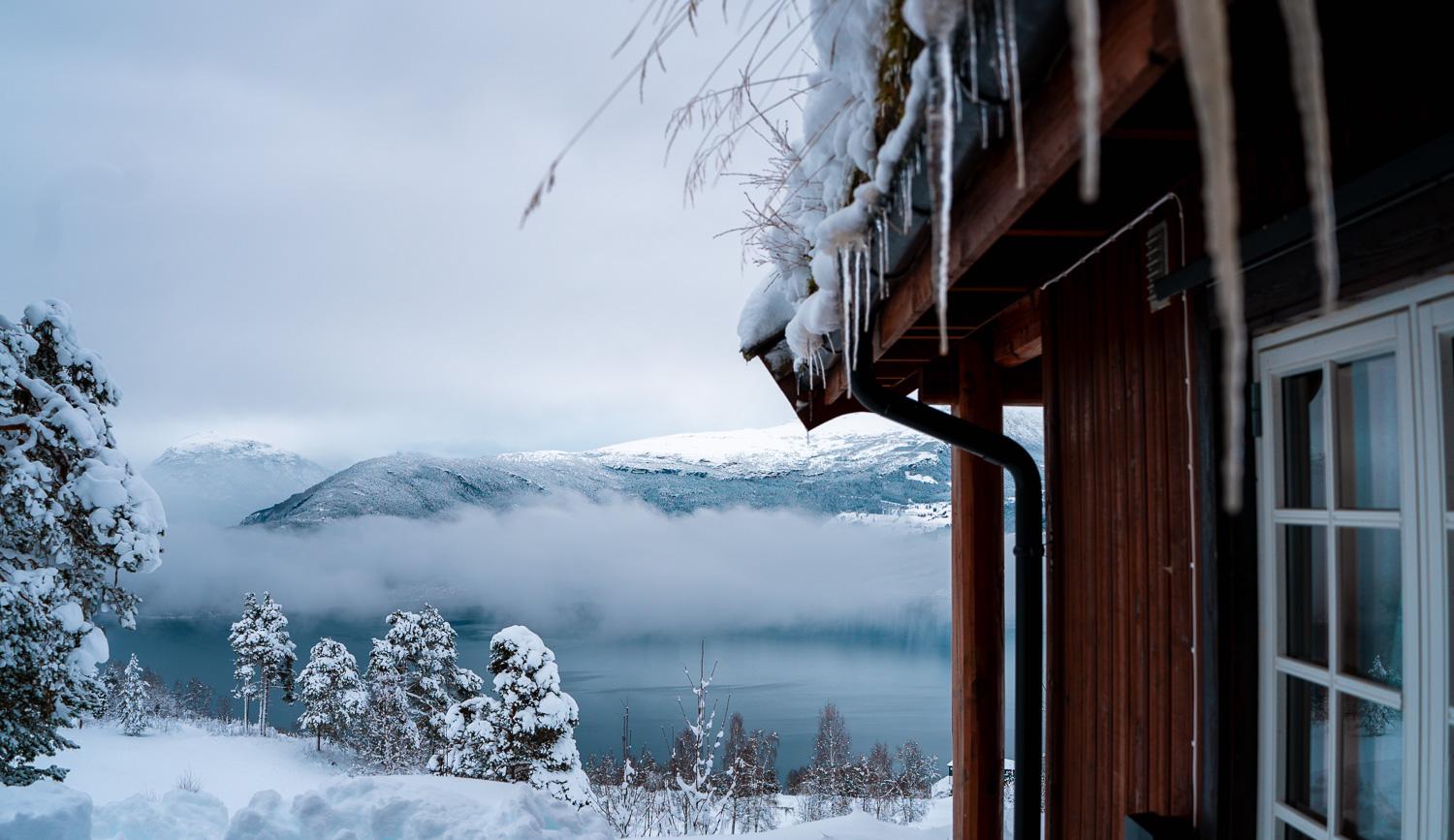 log cabin in winter in stry, norway
