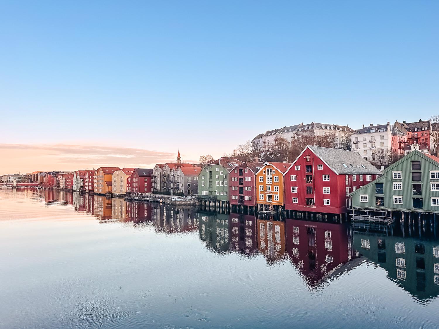 view from the old town bridge in Trondheim, Norway in November